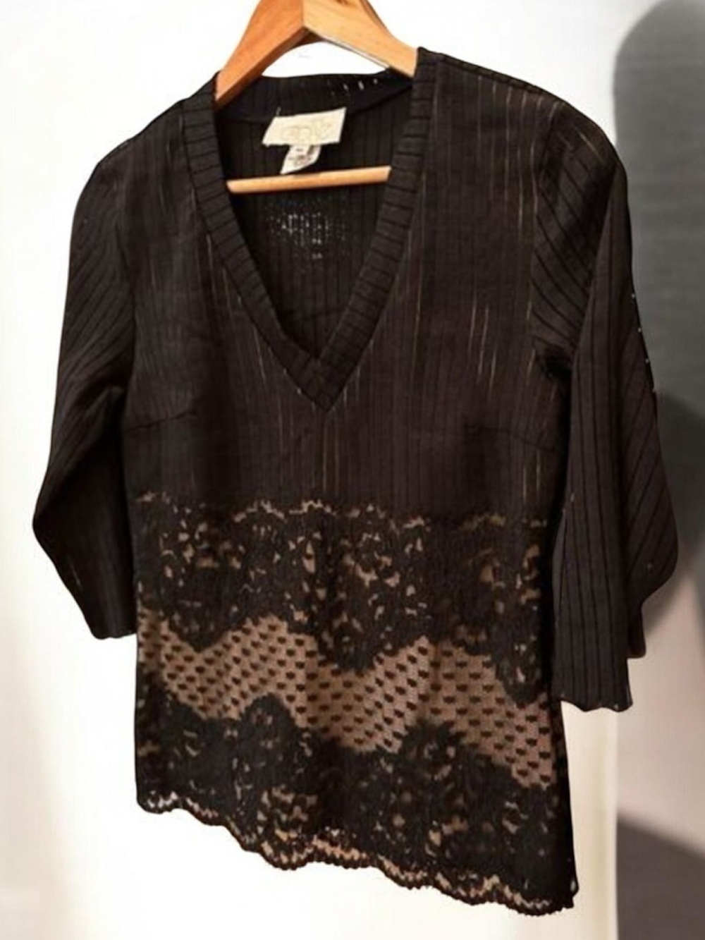Cache V Neck Sweater Size Small Tan Black 3/4‎ Sleeve